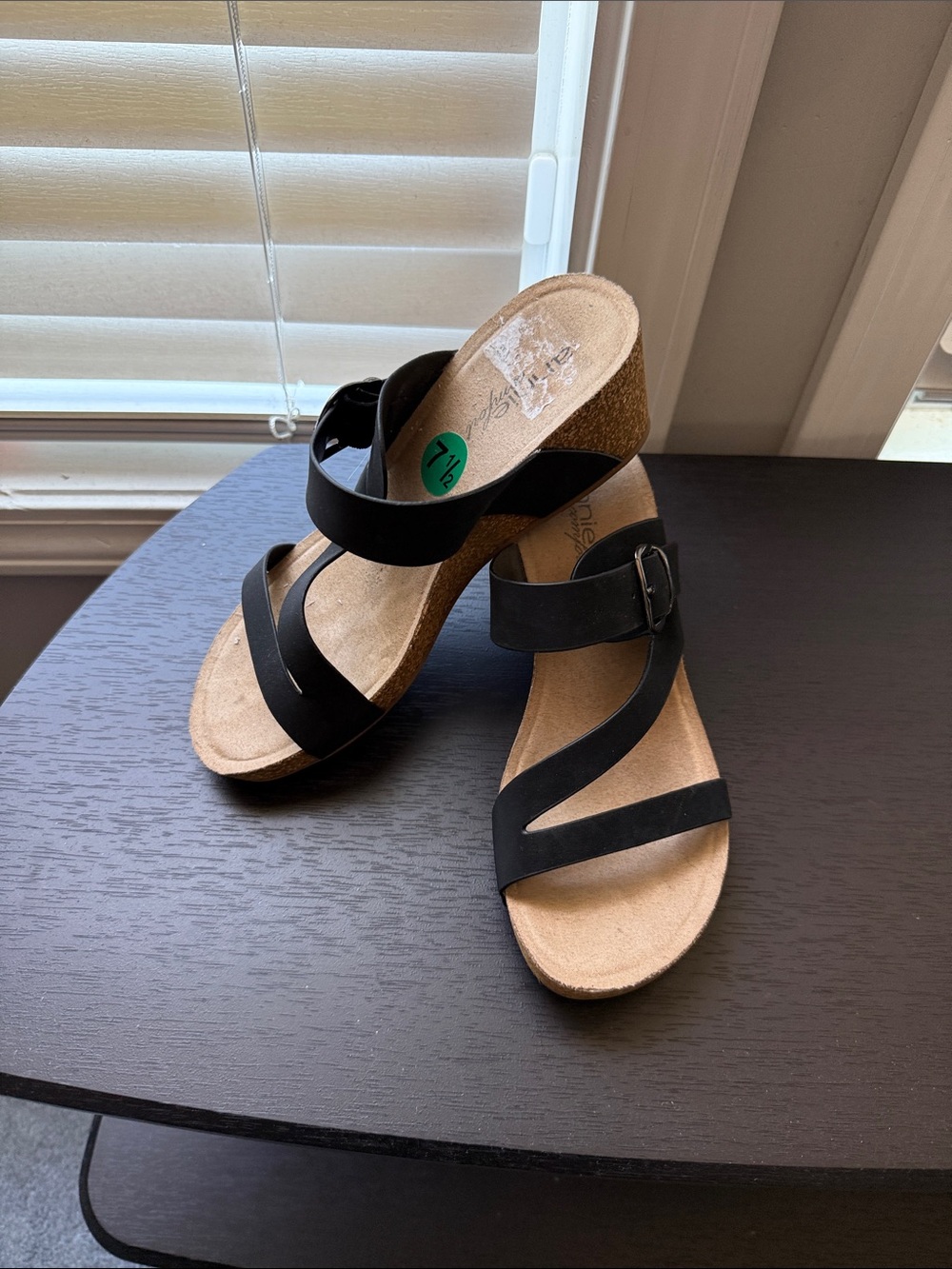 Annie Black Strappy Cork-Style Wedge Sandals